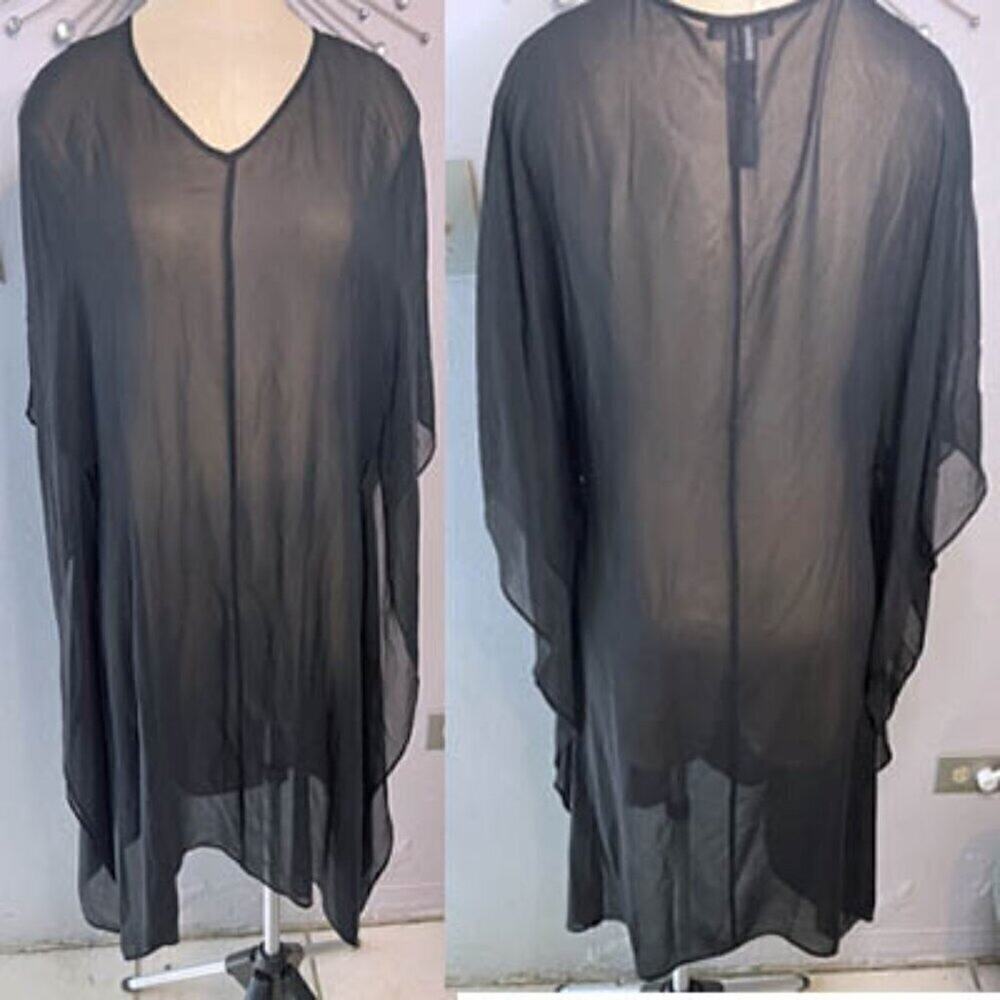 Eileen Fisher Brown 100% Silk Georgette Dress S Sheer Oversized Dolman